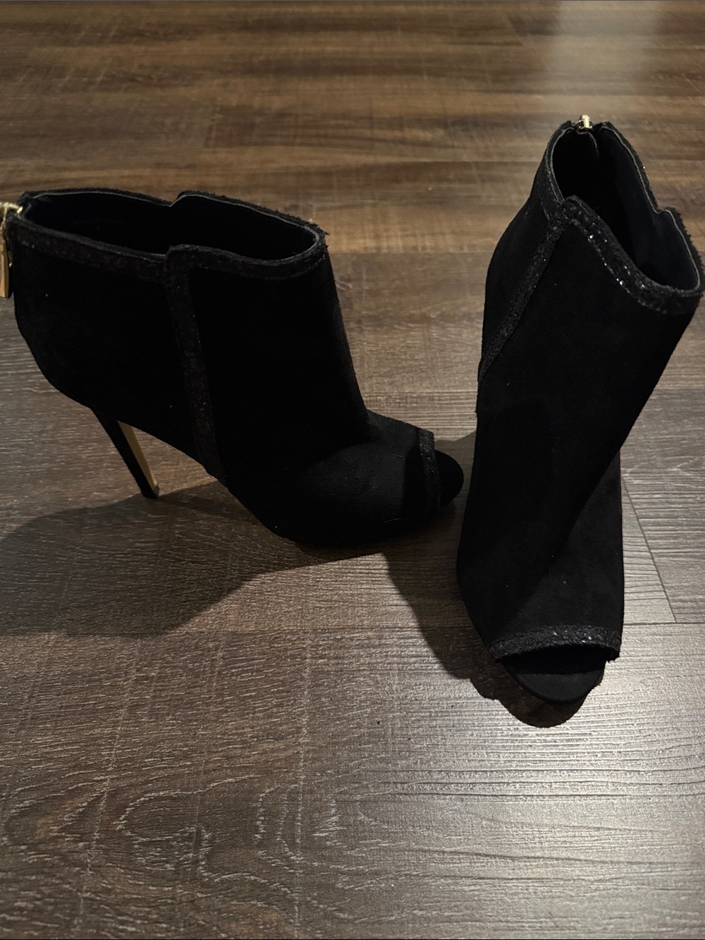 bebe Black Suede Peep-Toe Ankle Booties with Trim